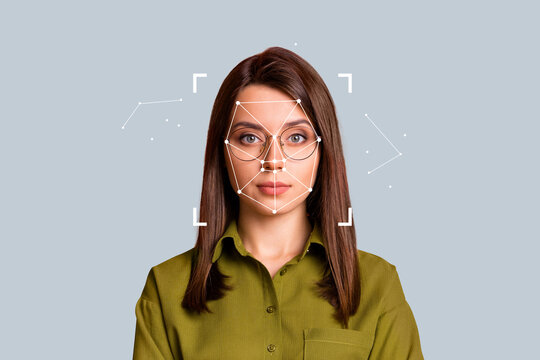 Trend artwork composite 3D photo collage design of young woman face eyewear cyber identity system verification banking technology