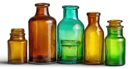 Five antique glass bottles, varying colors and sizes, arranged on a white backdrop