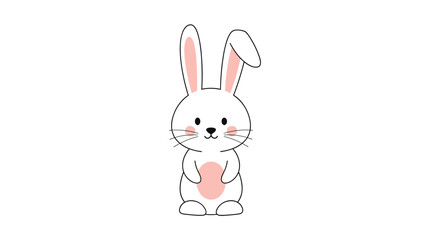 Fototapeta premium Simple and sweet illustration of a cute white bunny with pink ears and a pink belly standing upright against a white background.