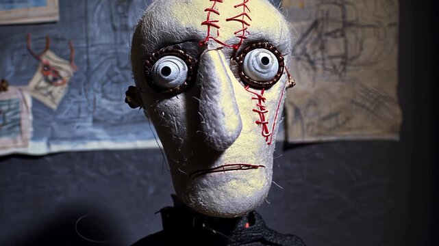 Whimsical Puppet Character Design With Expressionless Face and Gothic Decor in Stop Motion Art Style
