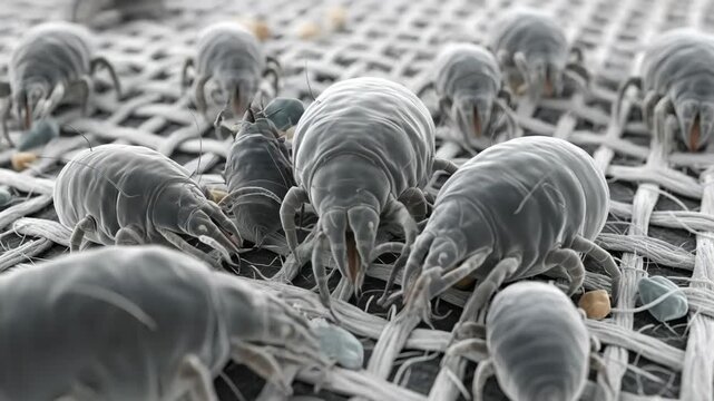 Macro view of microscopic dust mites and debris on fabric for allergy and pest control concepts