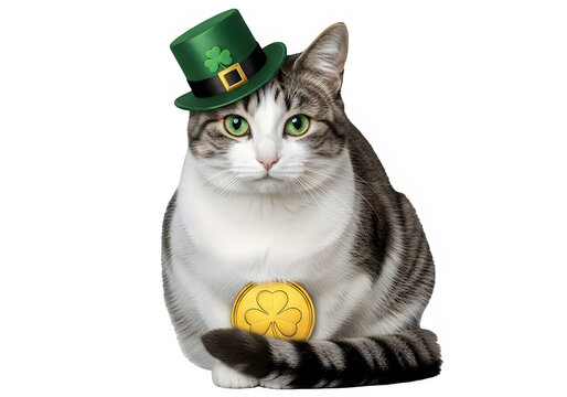 A cat wearing a green hat and holding a gold coin,st patrick's day symbolizing luck and festivity. isolated on transparent backgroud, png