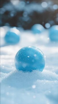 This is a festive winter videograph featuring small blue ornaments resting on a snow-covered surface with a multitude of delicate snowflakes falling around them. The icy texture and the presence of