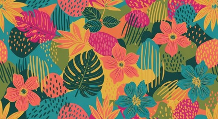 Fototapeta premium Abstract Tropical Floral Seamless Pattern. Bright Colorful Botanical Wallpaper Background with Bold Exotic Leaves and Flowers.