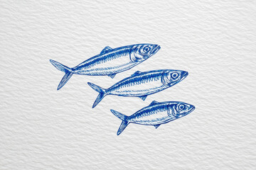 Three Sardines Embroidered On White Paper Blue Monochrome