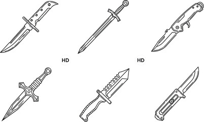 Naklejka premium Tactical knives and combat daggers line icon set with folding blade vector illustration collection