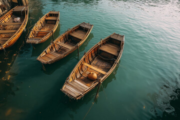 Three Small Wooden Boats On River High Angle