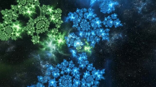 Exploration of vibrant green and blue shapes in the depths of space with bright stars in the background