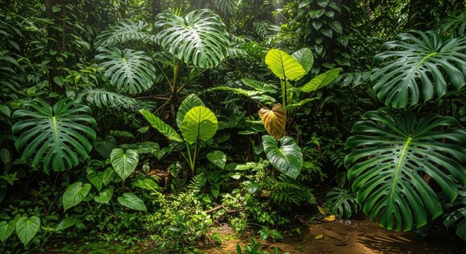 Vibrant Green Tropical Jungle Background with Giant Monstera Leaves, Lit by Sunbeams Through the Canopy