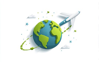 Fototapeta premium Airplane circling globe with clouds, stars, and dotted path