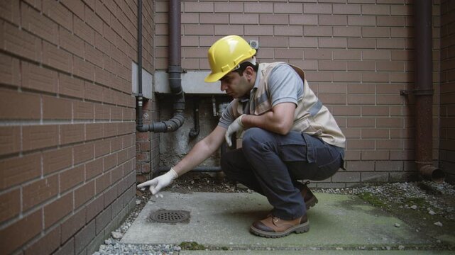 Male worker in hard hat inspects drain pipe near brick wall pointing at ground. Professional maintenance scene checking for issues. Ideal for construction, repair and safety concepts.