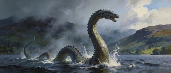 Naklejka premium Green water serpent with scales rising from water of a lake in dramatic cloudy weather. Fantasy illustration of a mythic creature for fairytale book.