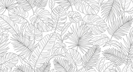 Black and White Seamless Tropical Jungle Leaves Pattern. Hand Drawn Line Art Background with Monstera, Palm Fronds, and Banana Leaves.