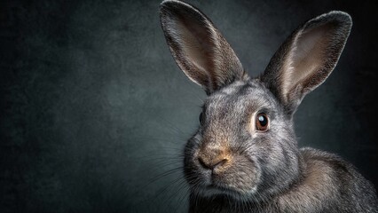 Obraz premium A close-up portrait of a rabbit with large ears and a curious expression on a dark background