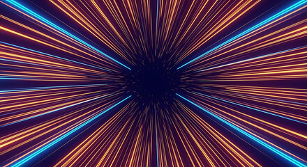 dynamic orange and blue light speed lines converging into a dark abstract tunnel symbolizing fast data flow and futuristic technology.