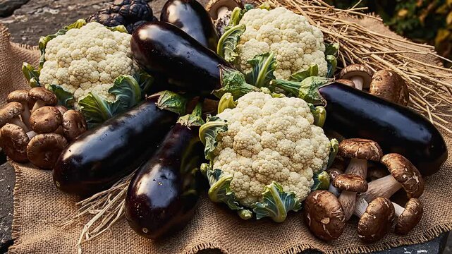 Abundant fresh harvest of raw eggplant, cauliflower, and shiitake mushrooms displayed on rustic burlap for food self-sufficiency concept.