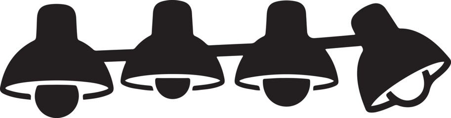 Black silhouette of four connected bell shaped lamps in a row light white