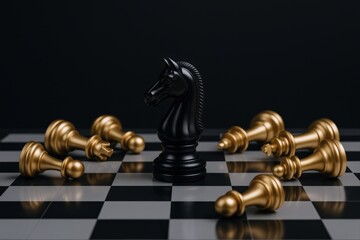 Strategic Chess Knight Victory: Black Piece Standing Strong Among Fallen Gold Pawns on Chessboard