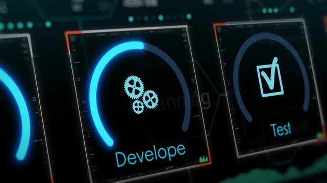 Agile project management, project life cycle, futuristic software interface (3d render)