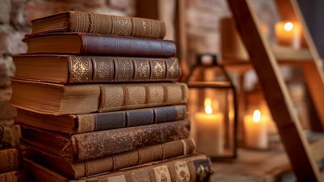 stack of vintage books in cozy library