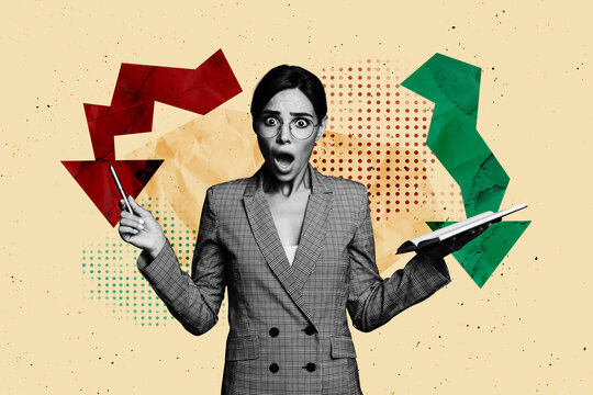 Template collage artwork sketch of young lady shocked face hand hold book business budget bankruptcy earnings forex investor arrow down