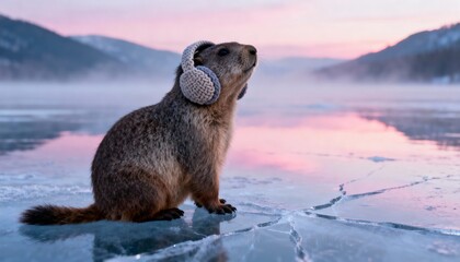 Obraz premium Groundhog wearing knitted earmuffs on a frozen lake. Whimsical marmot sitting on cracked ice at sunset. Winter mountain landscape with groundhog day concept