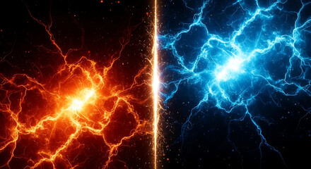 Fototapeta premium dynamic red and blue electric energy clashing intensely on a dark background vividly illustrating concepts of powerful opposition and duality for technology.