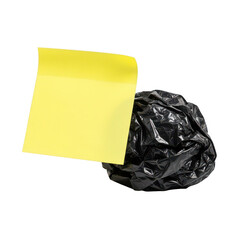 Naklejka premium A yellow sticky note on a black trash bag isolated on transparent background