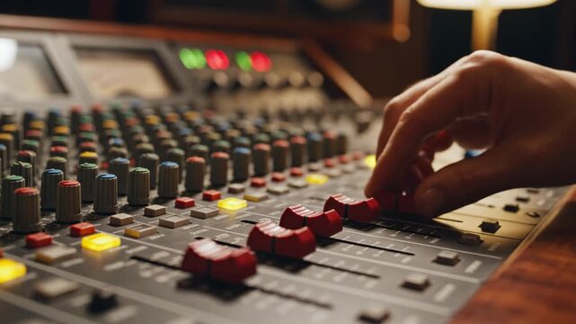 Hand adjusting audio mixer fader in recording studio with colorful buttons and knobs 4k video