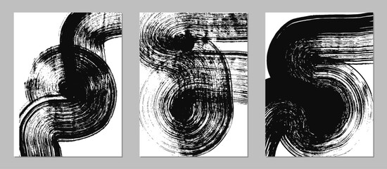 Set of vector abstract backgrounds. Black ink brush strokes, patterns, posters, cover.