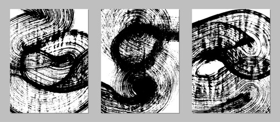 Set of vector abstract backgrounds. Black ink brush strokes, patterns, posters, cover.
