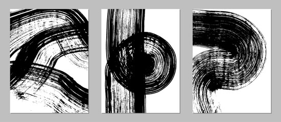 Set of vector abstract backgrounds. Black ink brush strokes, patterns, posters, cover.