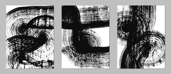 Set of vector abstract backgrounds. Black ink brush strokes, patterns, posters, cover.