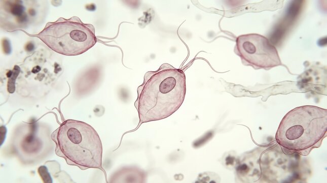 Microscopic view of Giardia lamblia, a parasitic protozoan causing giardiasis, showing its characteristic pear shape and flagella.