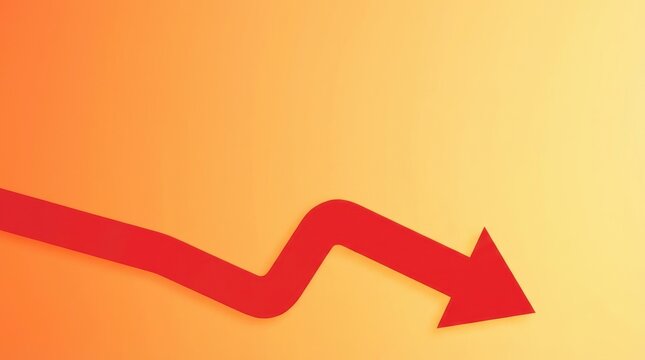 A prominent red arrow graphic descends diagonally with a wavy path across an orange to yellow gradient background