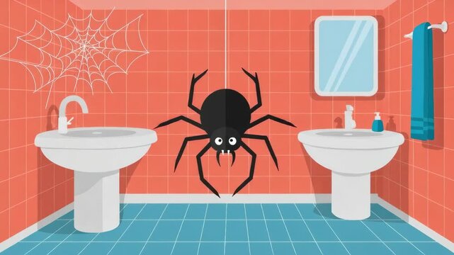 Cartoon black spider animation hanging in a tiled bathroom with sinks and mirror, showing pest presence for extermination concept