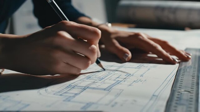 Person drawing blueprints with a pencil on paper 4k video