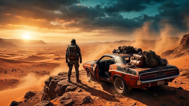 Lone wanderer gazing at sunset desert vehicle survival journey exploration future wasteland adventure solitude horizon post apocalyptic car transport nomad dramatic sky orange glow