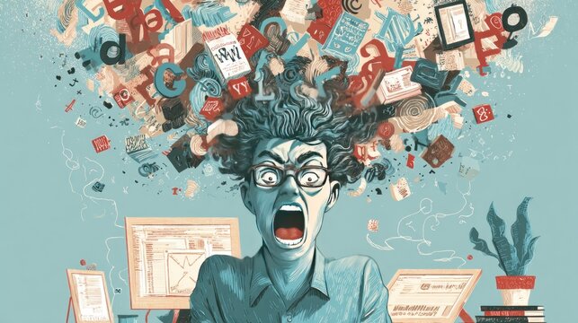 Overwhelmed office worker with chaotic thoughts.