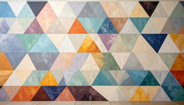 Geometric tessellated grid of equilateral triangles, each divided into smaller shaded sections, vibrant spectrum of reds, blues, greens, yellows, purples, creating dynamic optical illusion and symmetr