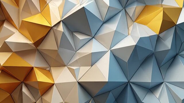 Abstract geometric background with a pattern of triangles in gold, white, and blue colors.