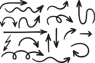Illustrations of various types of arrows and directional flow patterns in black and white Vector