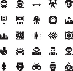 collection of various black technology icons on white background