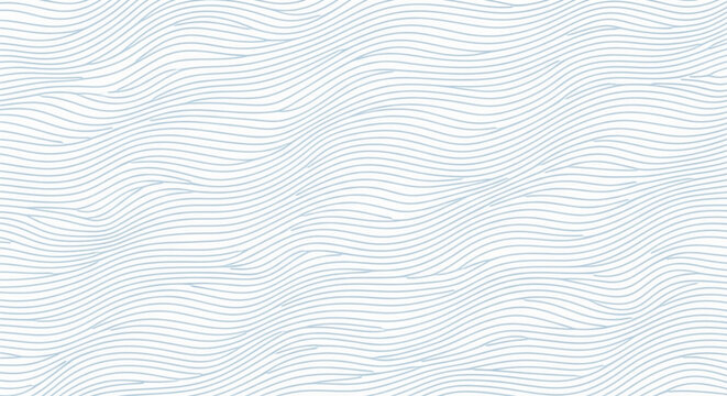 Wavy blue lines create an abstract pattern on a white background, resembling gentle waves. The design conveys a sense of calm and fluidity.