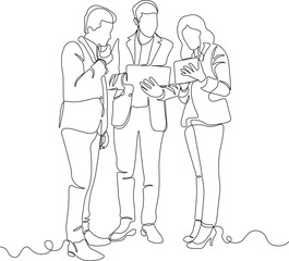 Continuous One Line Business Team Collaboration. Professionals Discussing Project with Digital Devices in Modern Office