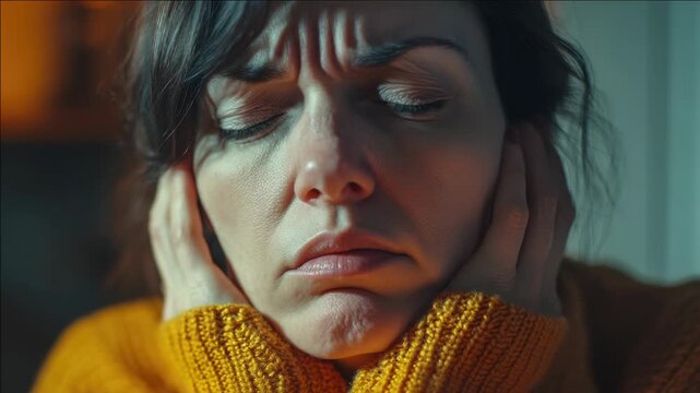 A woman expressing frustration, anger or deep thought with her hands on her ears and eyes closed.