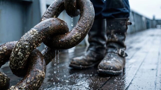 Corroded metal chain covered in barnacles with water droplets dripping onto a wet wooden deck blurred boots visible