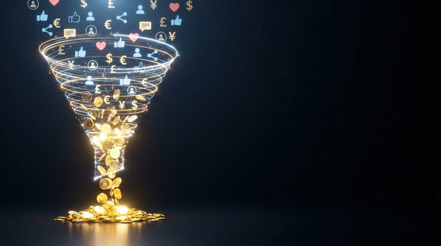 Glowing digital marketing funnel converting flowing social media icons and user data into golden coins at the bottom.