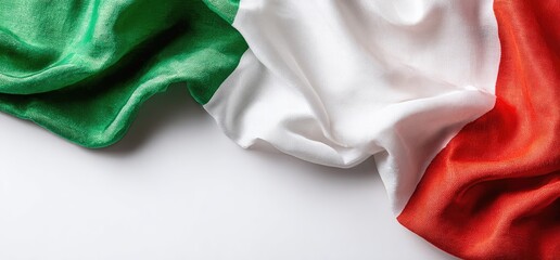 Italian flag draped with vibrant green, white, and red fabric, against a white background