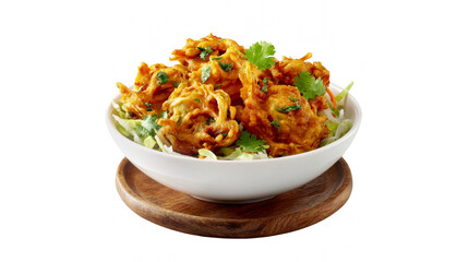 Crispy golden onion bhajis served in a white ceramic bowl garnished with fresh cilantro leaves